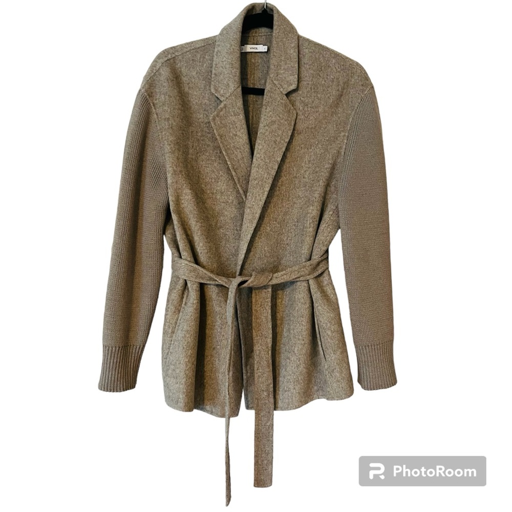 Vince Gray Wool Blend Ribbed Sleeve Belted Easy Cardigan Jacket Grey Large